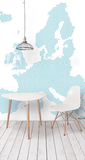 Picture of Europe map radial dot pattern Blue dots going from the center outwards and form the silhouette of the European Union area Illustration on white background